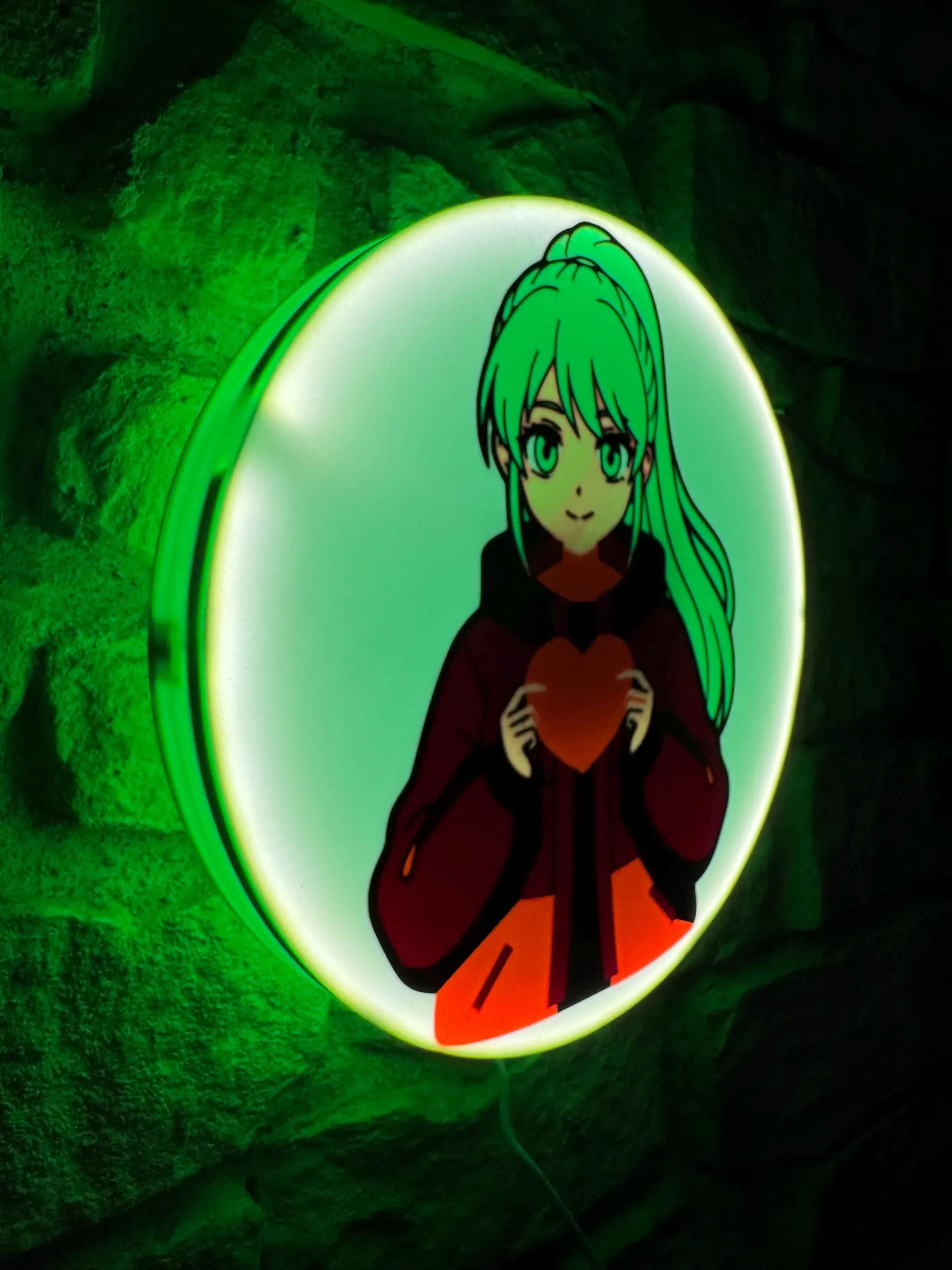 Anime LED-Wandlampe mit Herz-Motiv, runde Acryl-Lampe mit grünem Licht – Anime.Shop
