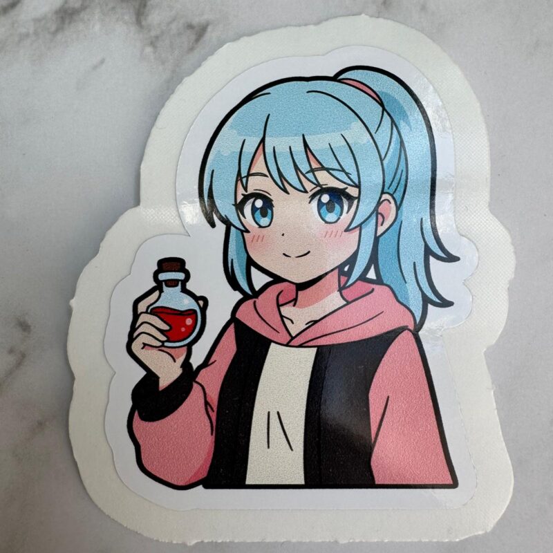 Anime Sticker – Manga Girl mit Fläschchen (einzelner Sticker), 10 cm, wasserfest, 3 cm Peel-Rand