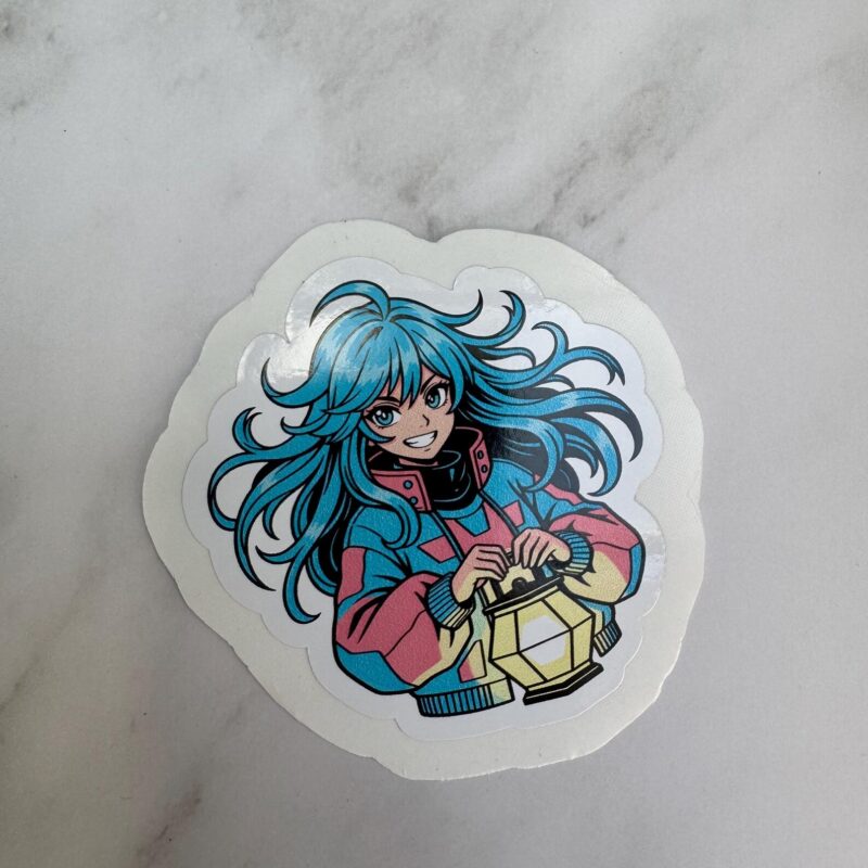 Anime Sticker – Manga Girl mit Laterne (einzelner Sticker), 10 cm, wasserfest, 3 cm Peel-Rand