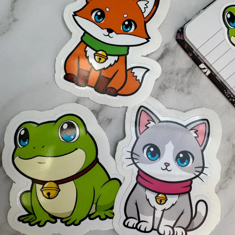 Anime Sticker Bundle – Fuchs, Frosch, Katze (je 10 cm), wasserfest, 3 cm Peel-Rand